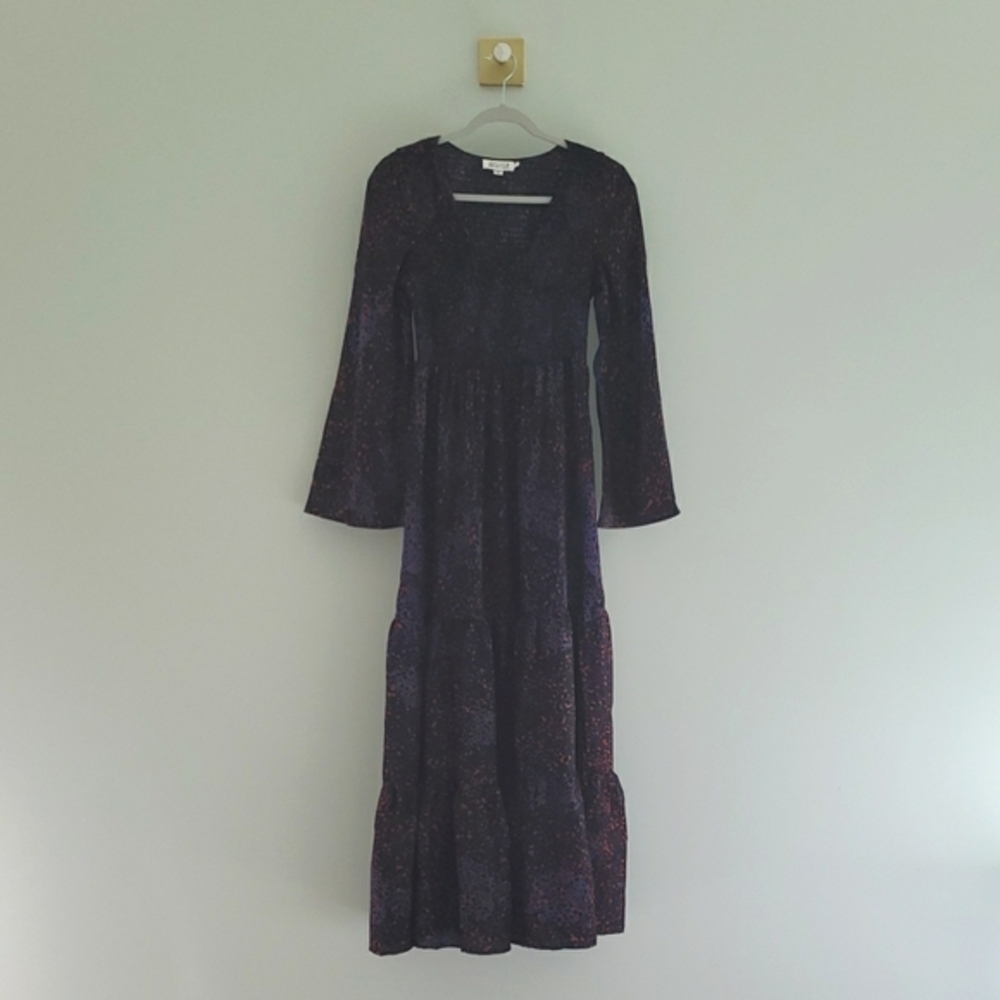Molly Bracken Tiered Maxi Dress Small Blue Red Print Long Bell Sleeves Smocked